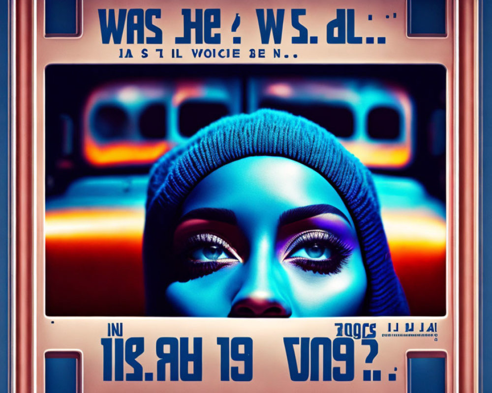 Close-up of woman in blue beanie with dramatic makeup and neon city lights reflection