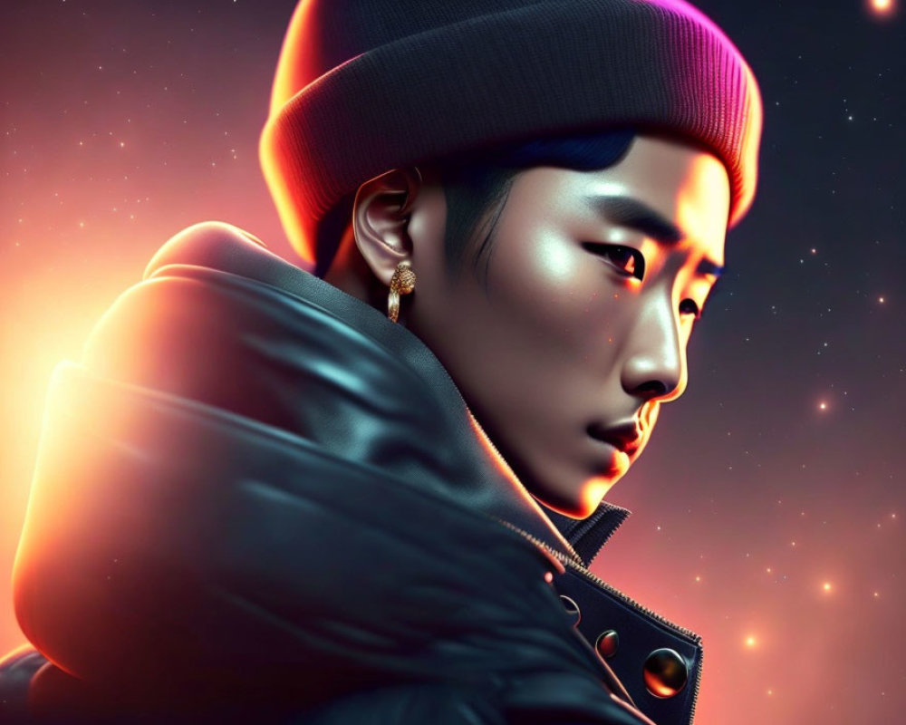 Digital portrait with glowing skin, beanie, leather jacket, stars backdrop