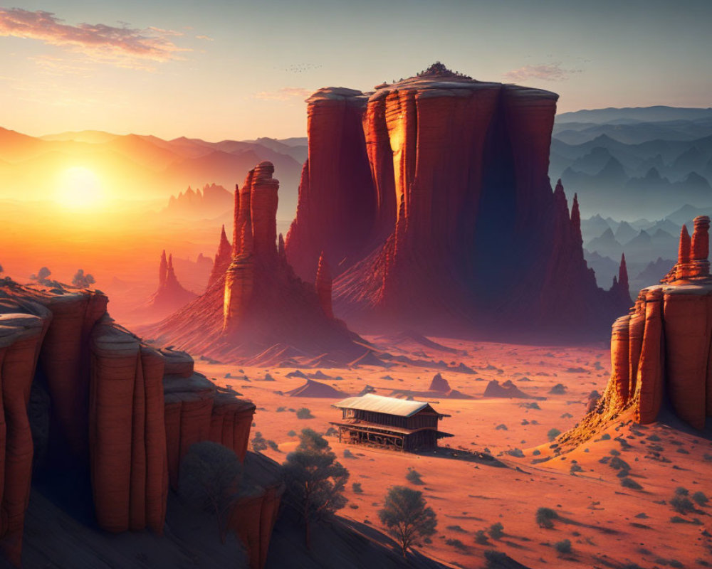 Tranquil desert sunset with towering rock formations and small house