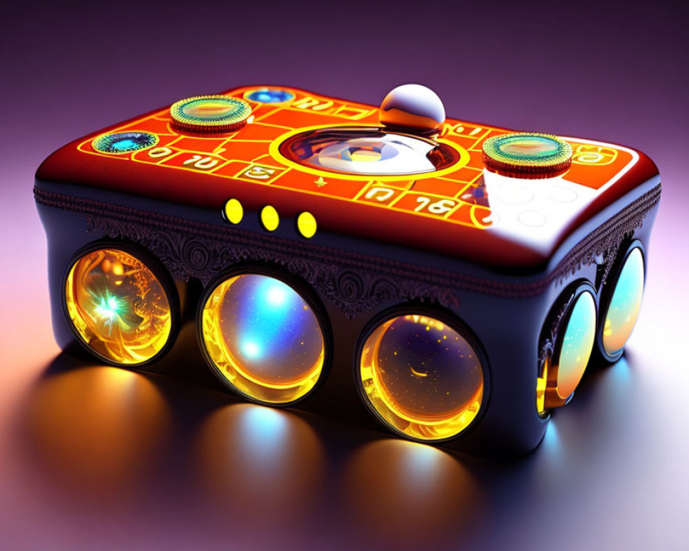 Vibrant futuristic arcade console with glowing orbs on purple background