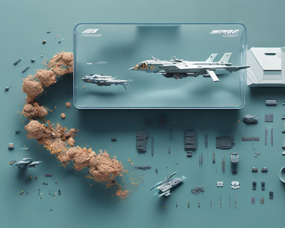 Miniature aircraft carrier scene with planes, vehicles, and tactical equipment scattered around