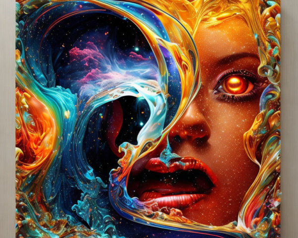 Woman's face with fiery red eyes in cosmic swirl of gold and blue tones