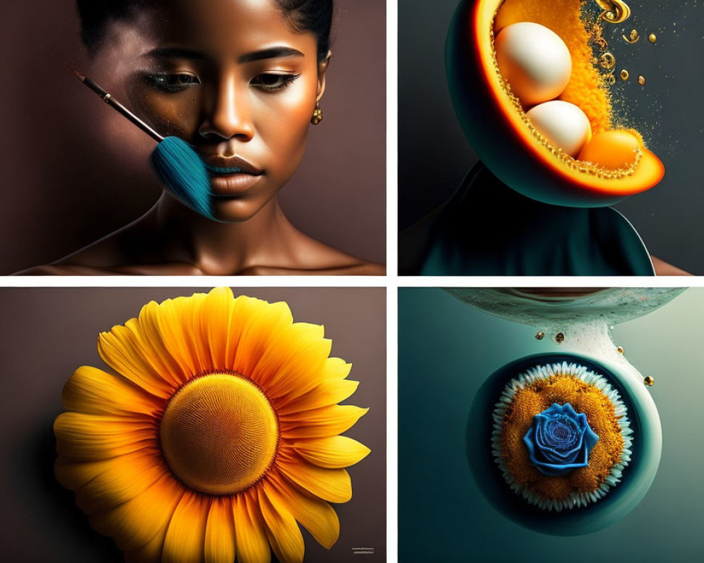 Collage of woman's face brushed, sliced orange, sunflower, and rose in bubble.