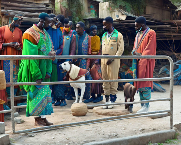 Men in African attire watch white dog on woven mat