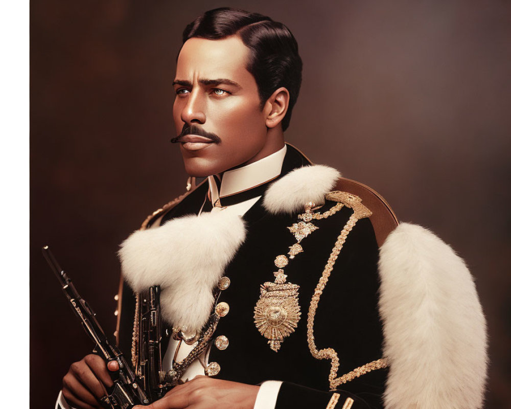 Ceremonial military uniform with medals, sword, and sash on regal figure
