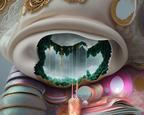 Surreal artwork: Mouth opening to forest landscape with vines, colorful patterns.