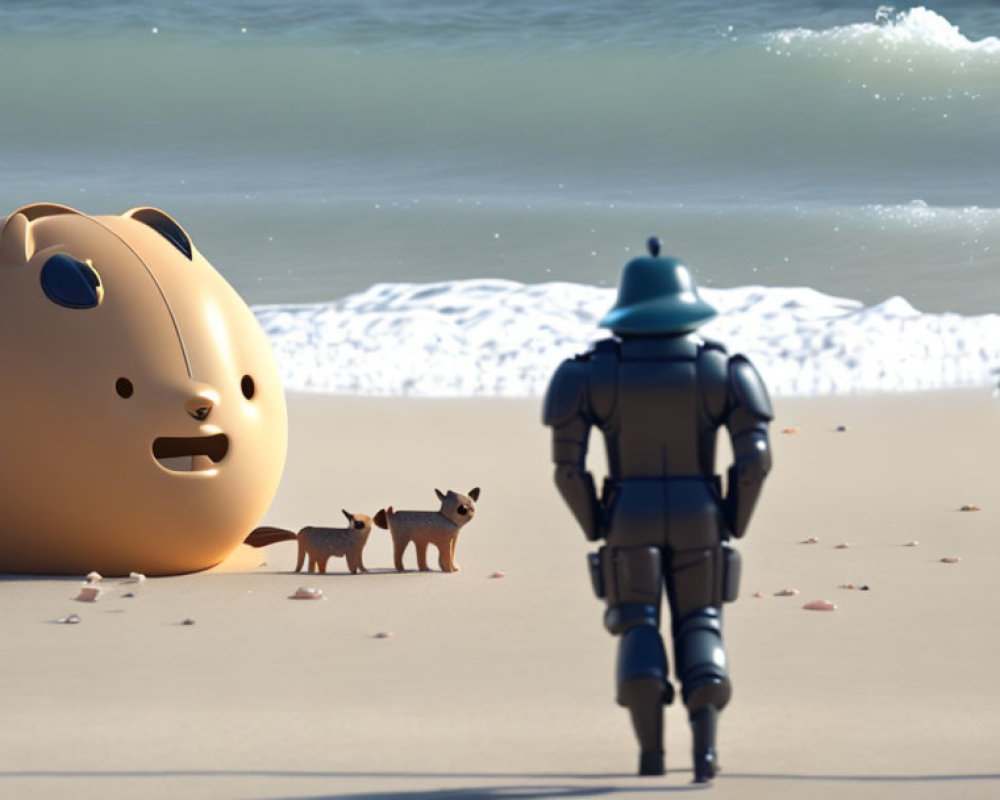 Cartoonish bear and dog meet armored figures on beach.