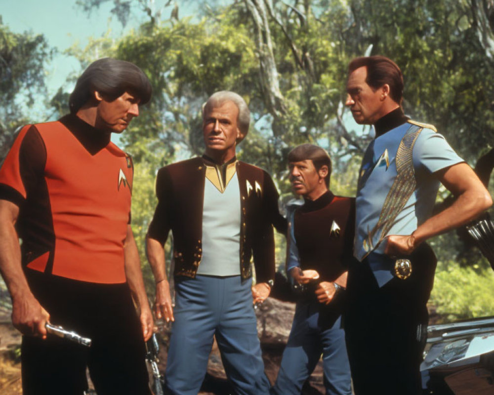 Four individuals in Star Trek uniforms discussing in wooded area