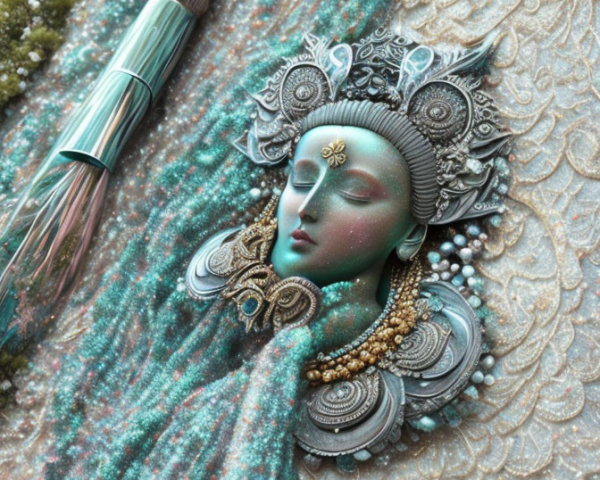 Intricate green-faced woman pendant with silver details on teal background