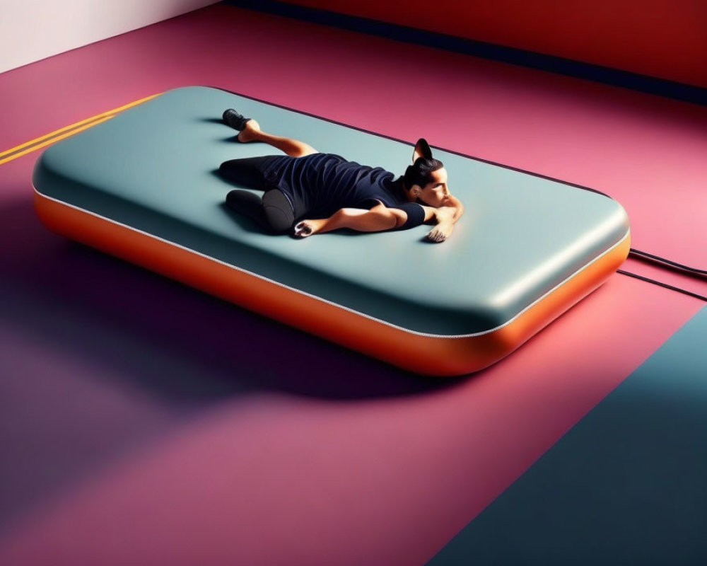 Person lying on giant smartphone-shaped air mattress in colorful room