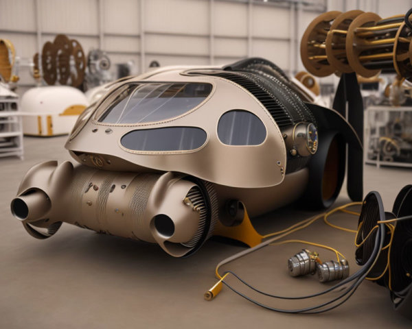 Futuristic beetle-shaped car with large exhausts and intricate wheels in high-tech garage