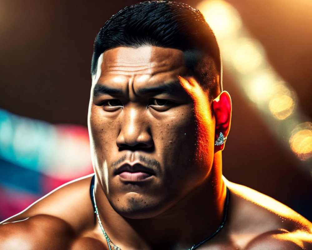 Muscular man with serious expression and diamond earring in vibrant portrait.