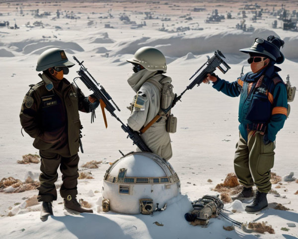 Cosplayers in Star Wars desert scene with blasters and damaged R2-D2