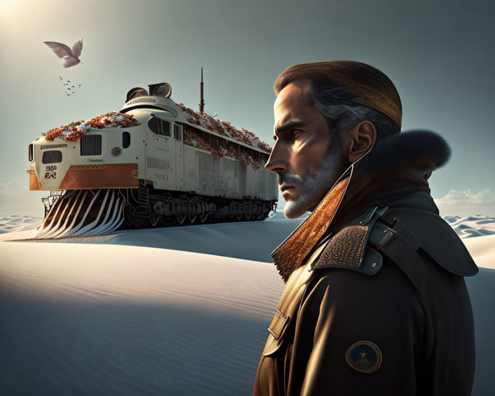 Man's profile merges with desert train scene, flowers, and butterfly in surreal composition.