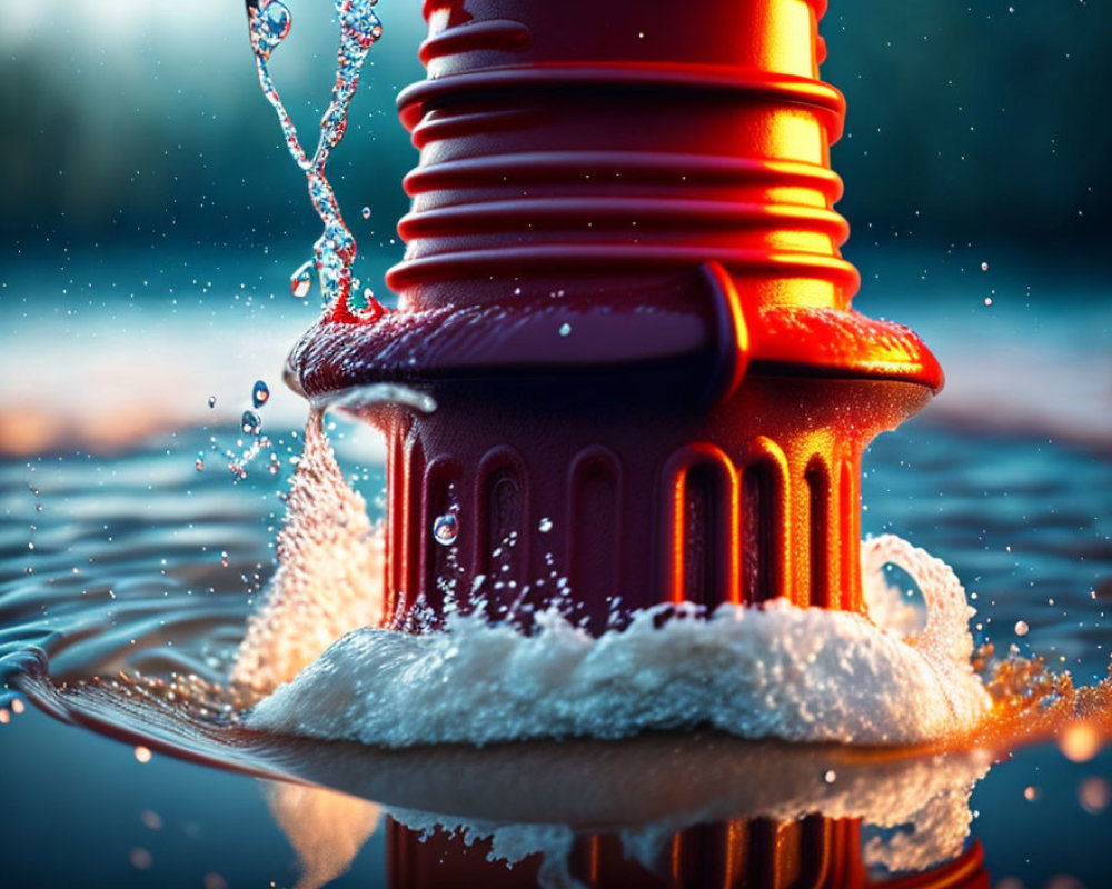 Red lighthouse in twilight with swirling water splashes.