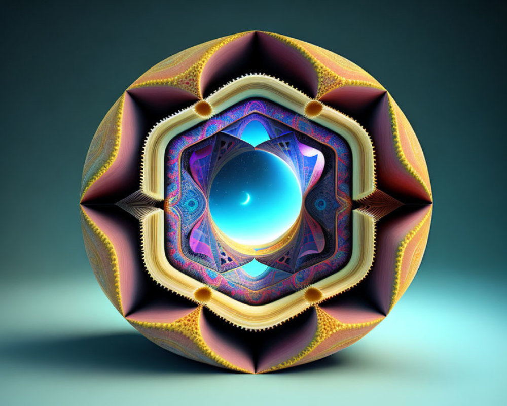 Symmetrical fractal object in purple, blue, and gold on gradient background