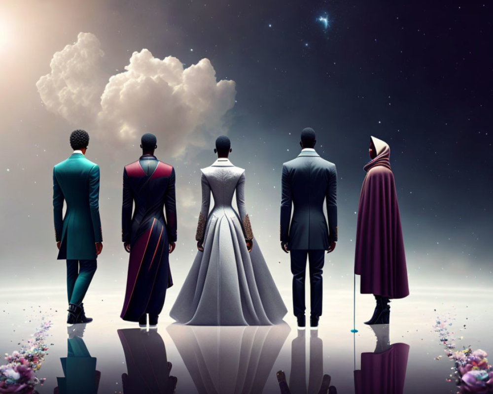 Five individuals in elegant attire against cosmic backdrop.