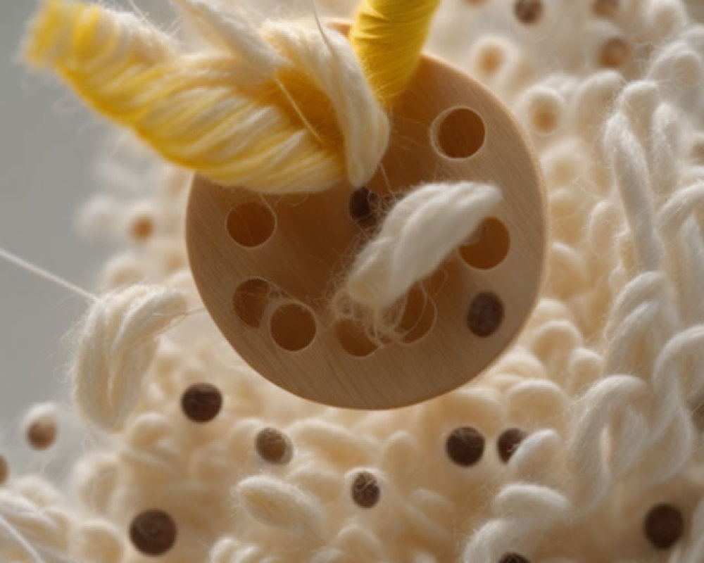 Wooden Button and Yellow Thread on Knitted Fabric with Polka Dot Texture