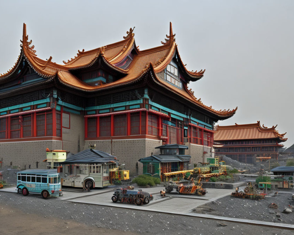 Traditional Chinese architecture with intricate roofs and a blue food truck amidst construction vehicles under a hazy sky.