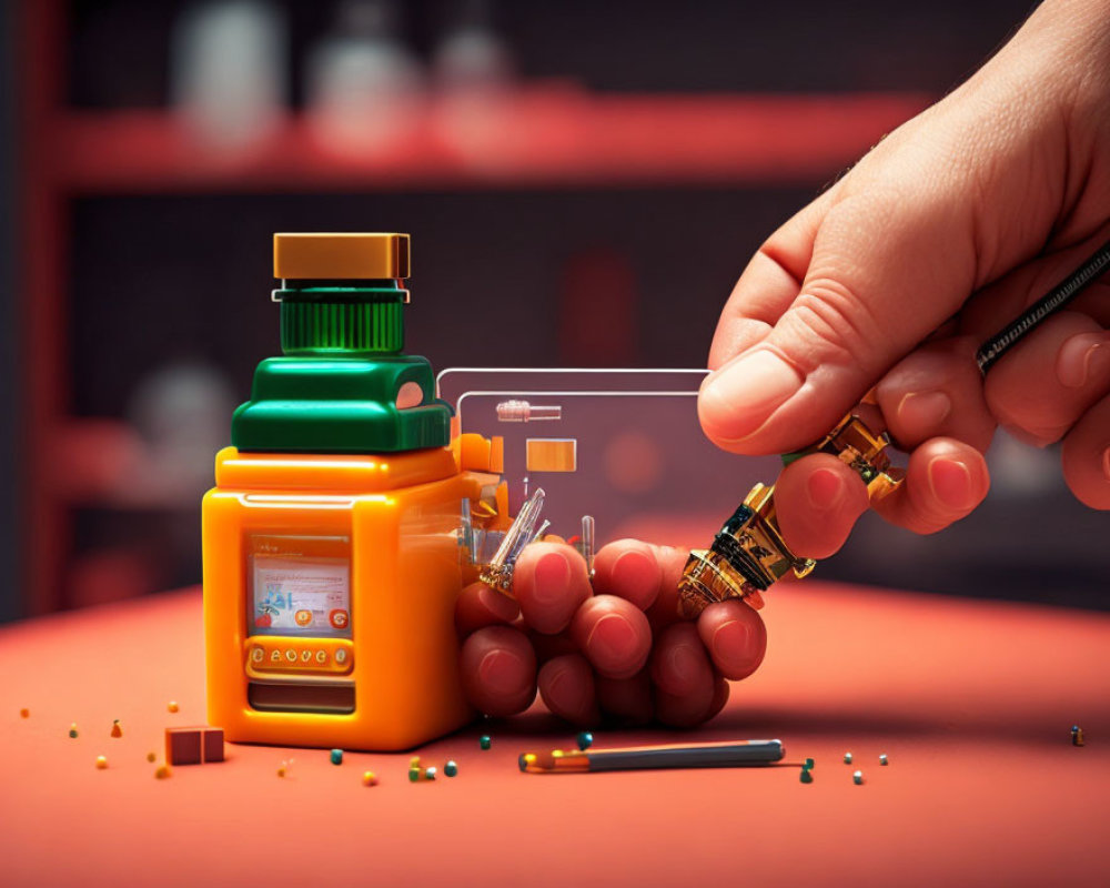 Hand holding syringe card drawing liquid from credit card pills on red surface
