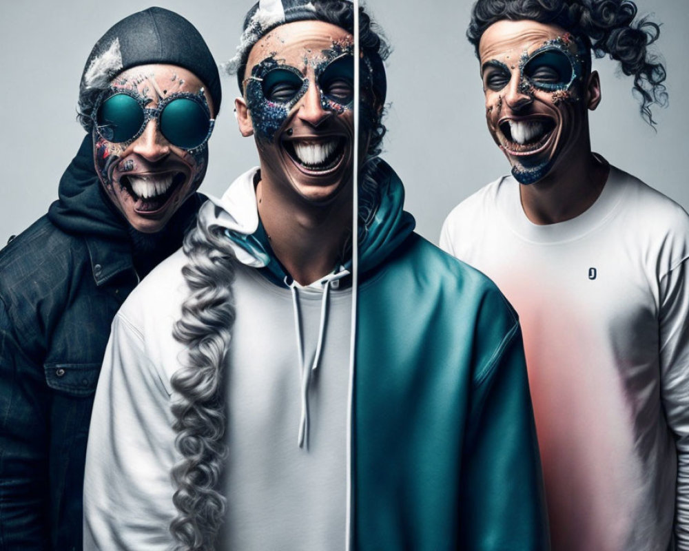 Three people in skull face paint and sunglasses smiling together