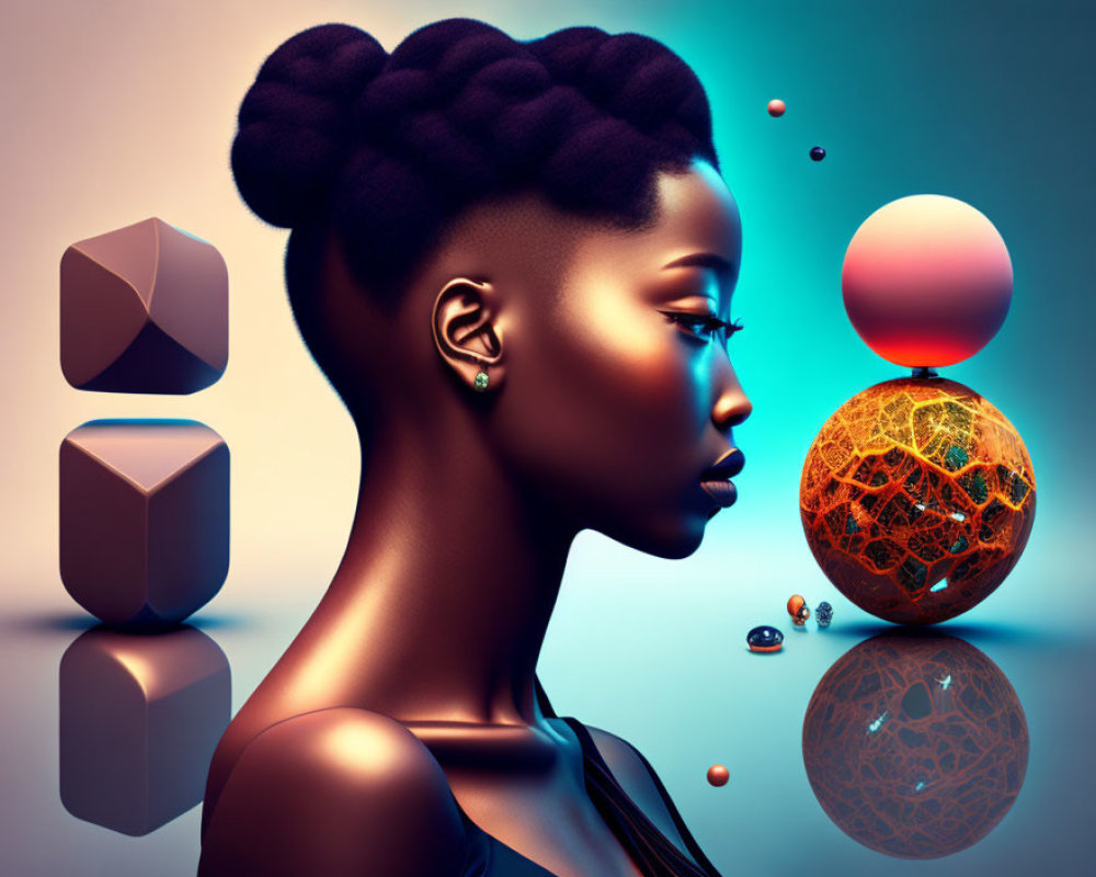 Surreal digital art: Woman with elaborate bun in blue geometric setting
