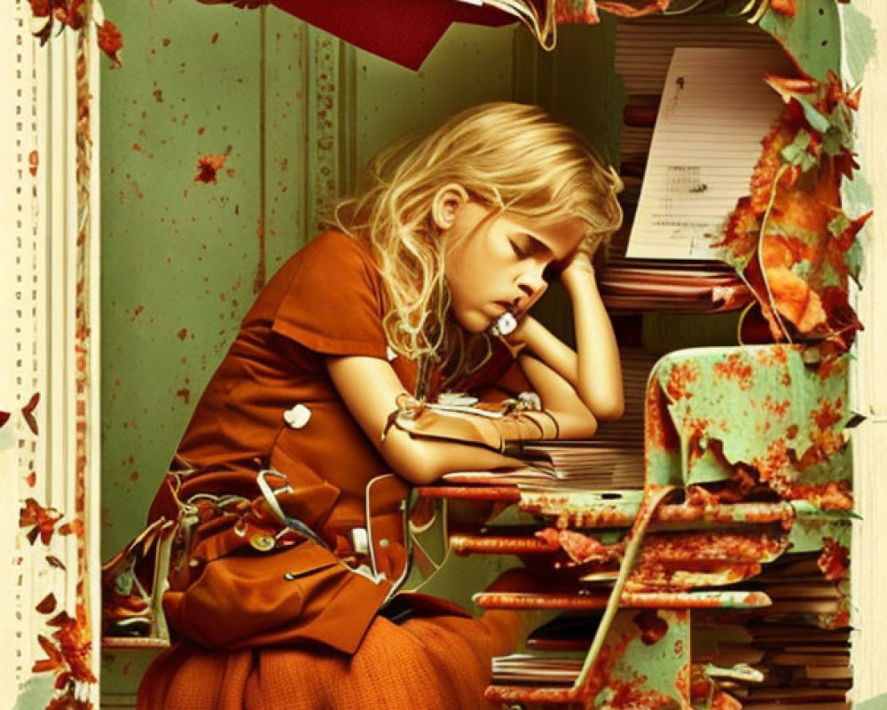 Young girl in burnt orange dress sleeping in cozy locker with books, leaves, and violin.