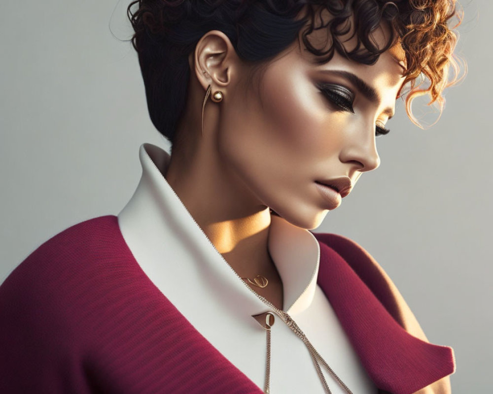 Woman with Short Curly Hair in White Top and Maroon Jacket under Soft Lighting