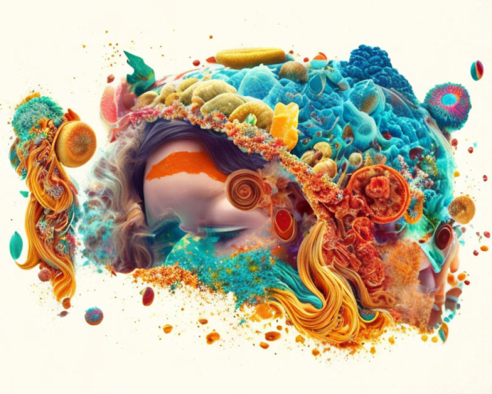 Colorful profile portrait with oceanic themes and organic shapes
