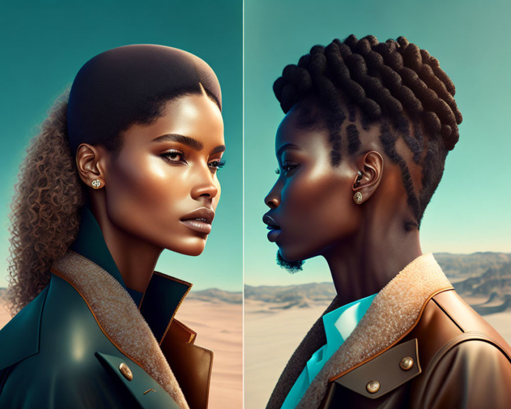 Woman with Curly and Braided Hairstyles in Desert Portrait Duo