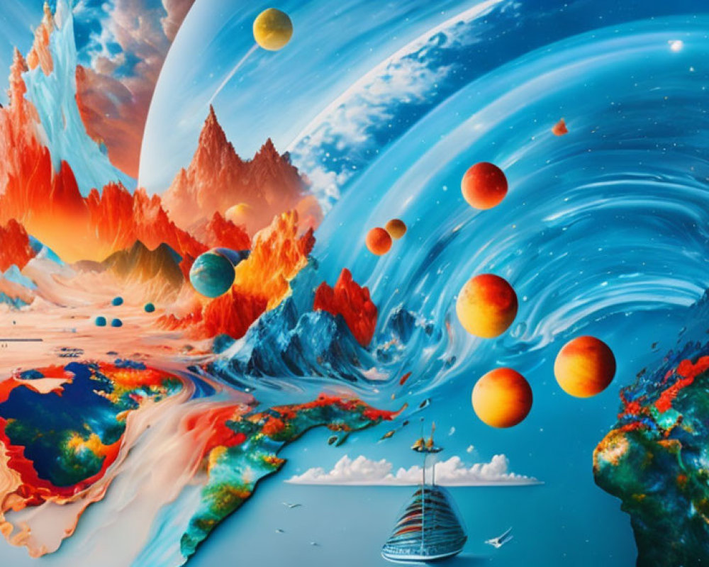 Colorful digital artwork with land, water, and space elements.