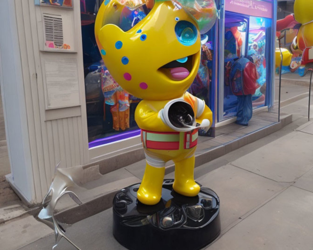 Vibrant statue of yellow character with blue spots, glasses, camera, hat with bubbles, showcased