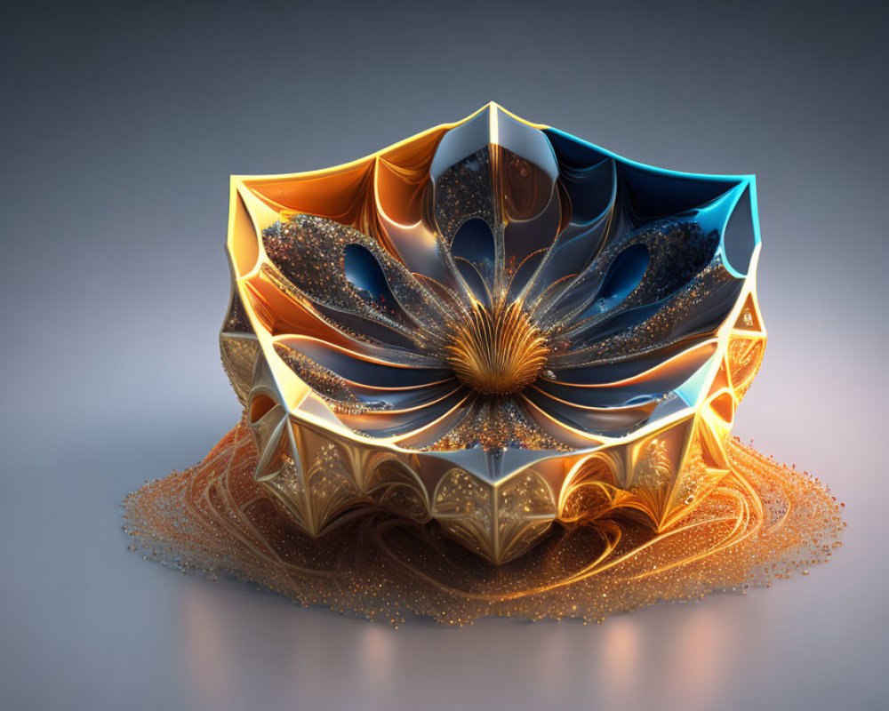Abstract 3D Rendered Flower Sculpture with Gold, Blue & Orange Patterns
