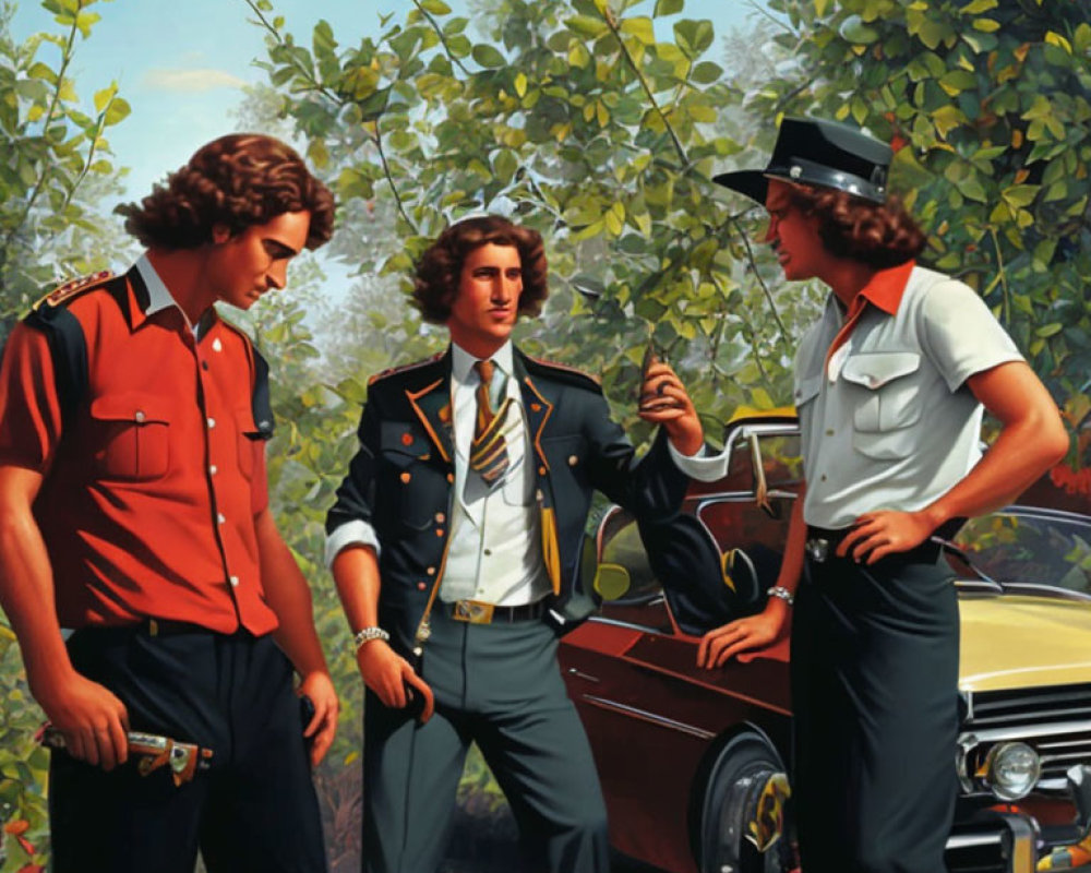Three Men Talking Beside Car in Woodland Scene