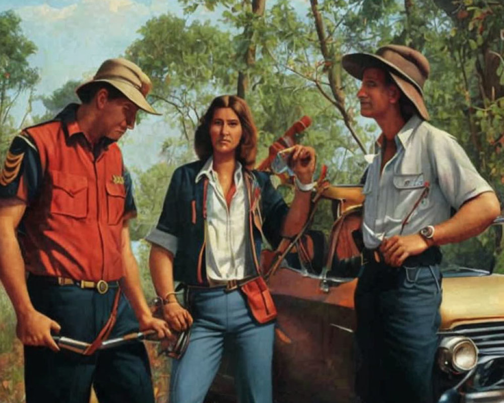 Three mechanics in uniforms and hats with tools, standing by vintage car.