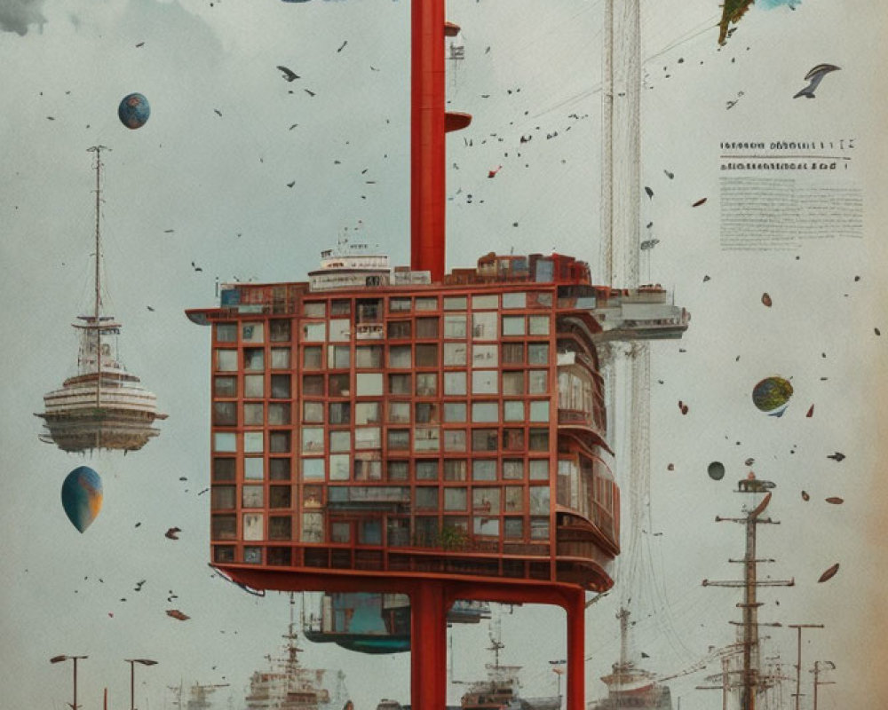 Futuristic bookshelf building with floating islands and ships under cloudy sky