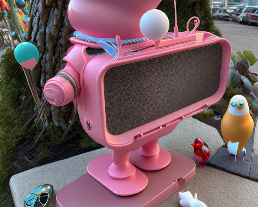 Pink robotic pig-like figure with bubble wand on sunny platform