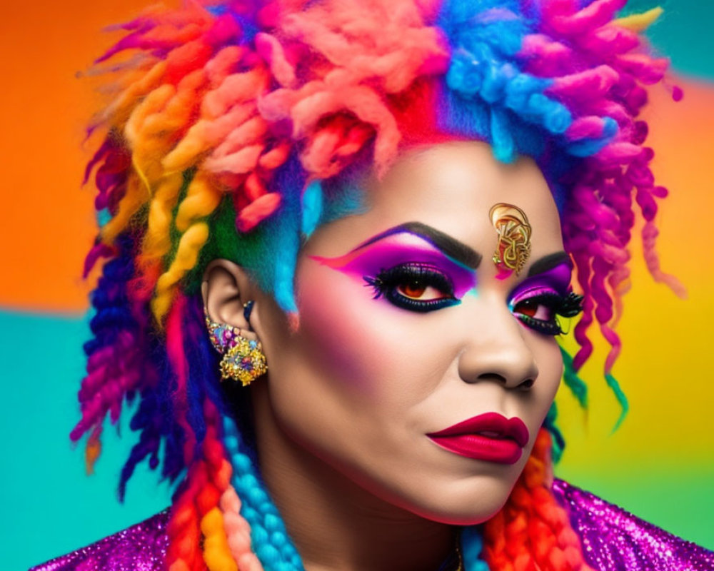 Vibrant rainbow dreadlocks with colorful makeup and forehead decoration