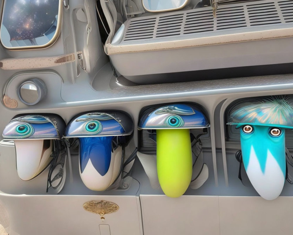 Four eye-themed scooter helmets in vintage van with space background