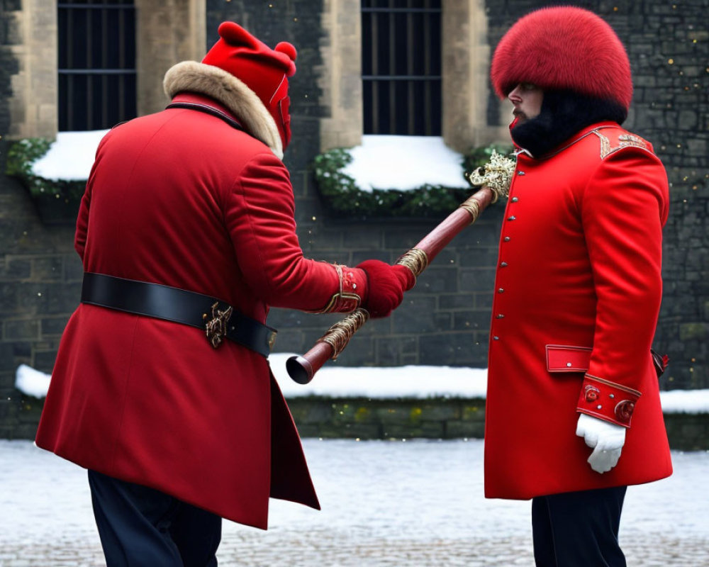 Guards in red uniforms exchange ceremonial staff on snowy ground