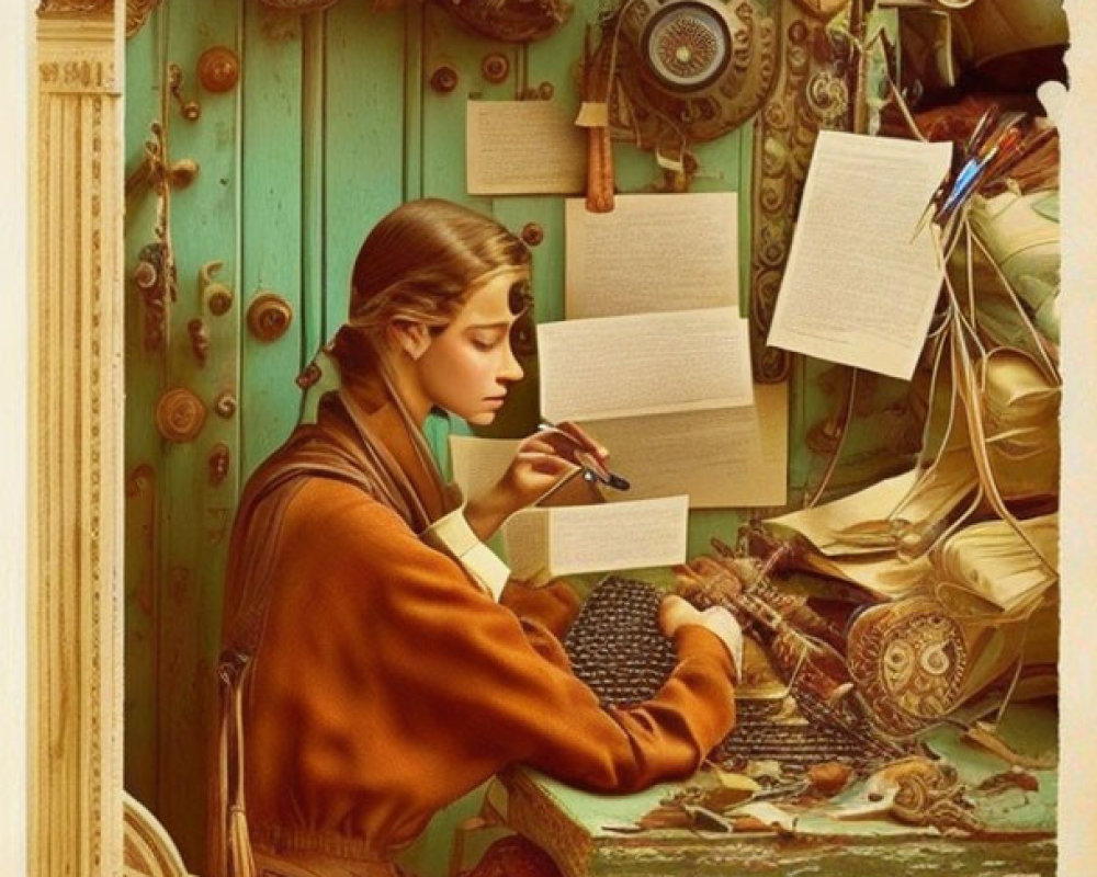 Surreal woman writing at cluttered vintage desk