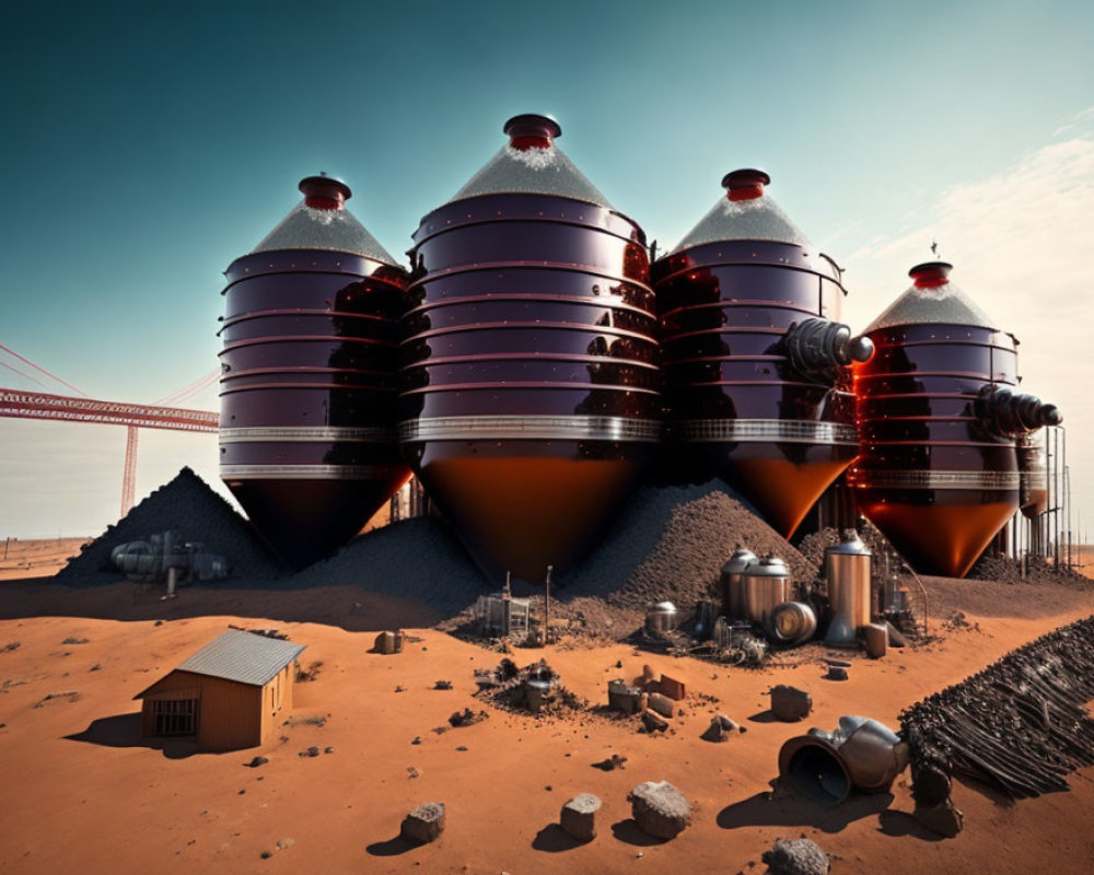 Futuristic spherical structures in desert landscape