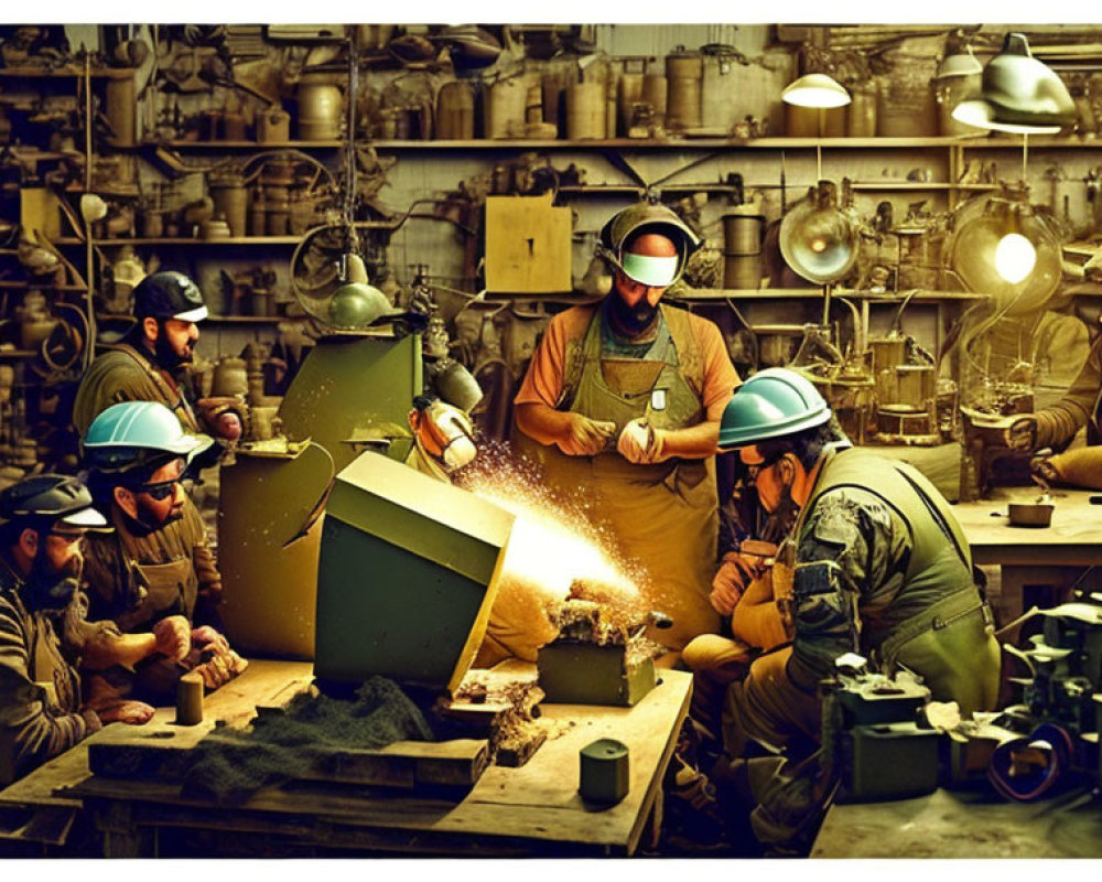 Industrial workshop with welding and metalwork activities and sparks flying.