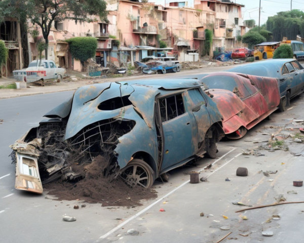 Burnt-Out Car Wreck on Street with Damaged Buildings