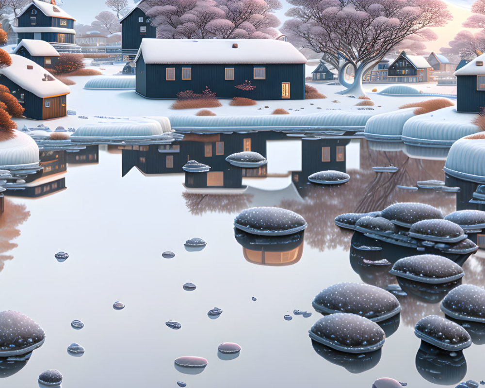 Snow-covered houses and icy lake in tranquil winter scene