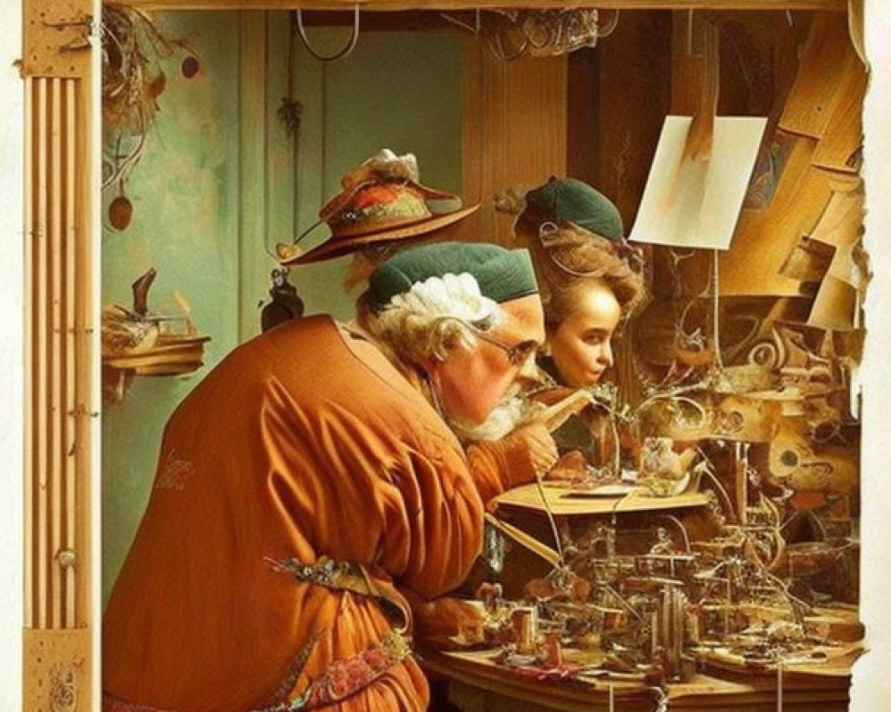 Elderly person and youngster in watchmaking scene with vintage tools and clock parts