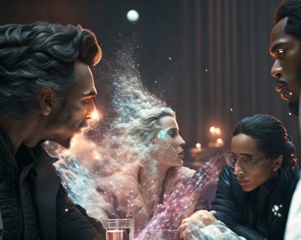 Stylized image: Four people at a table, woman transforms into sparkling burst