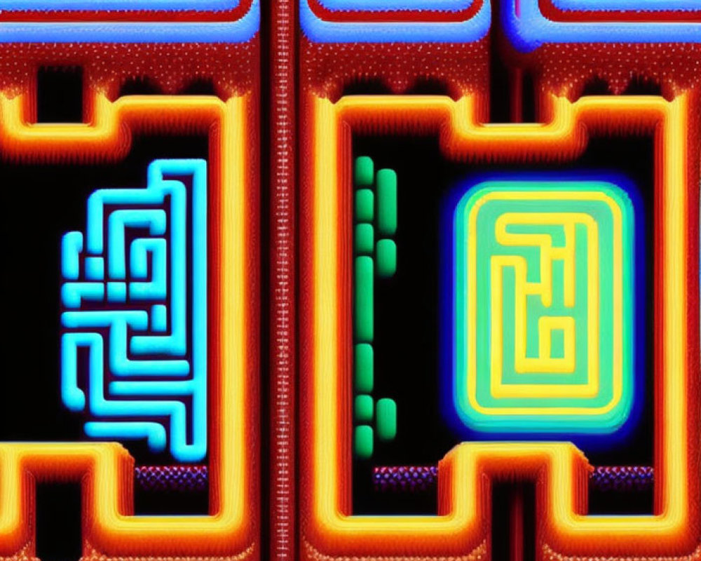 Abstract digital artwork: Colorful neon maze patterns on black background