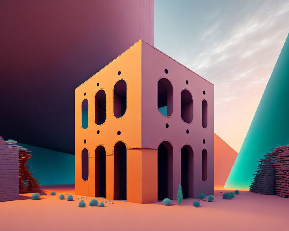 Colorful Building with Circular Windows in Surreal Landscape