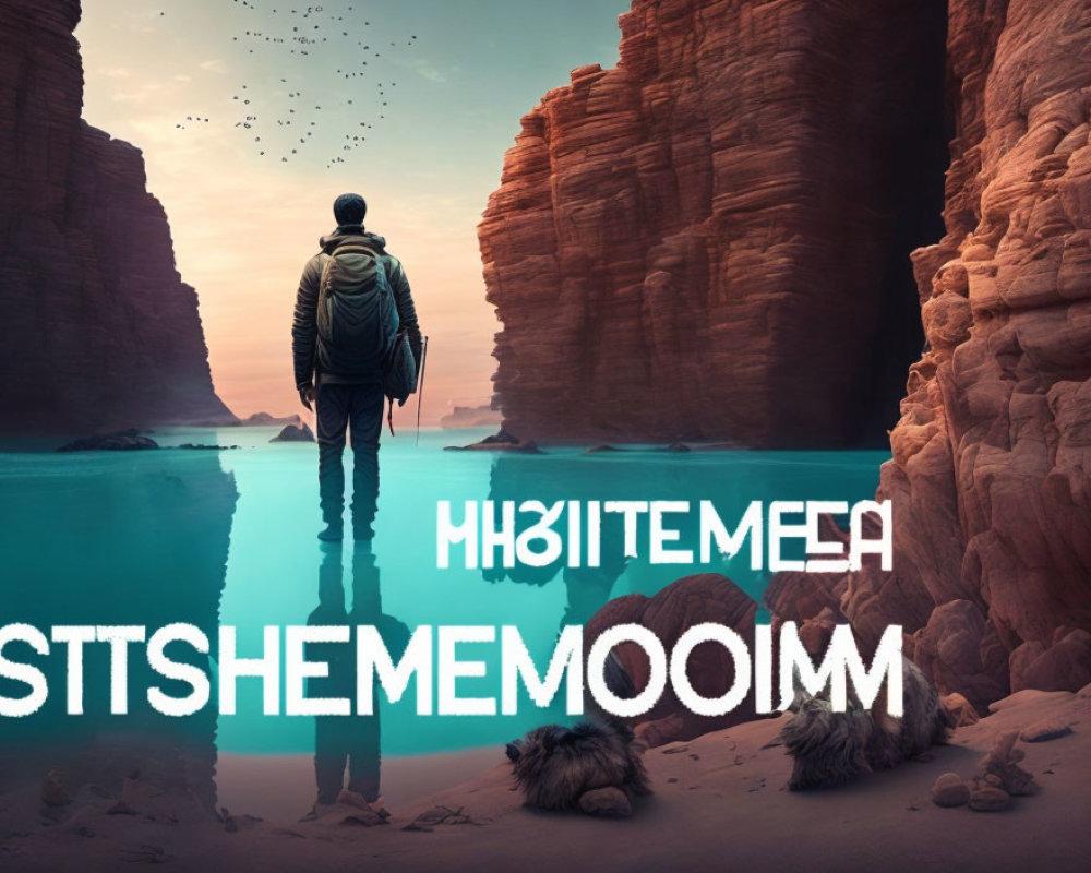Person standing by turquoise water and red rocks with birds in pink sky and mirrored text